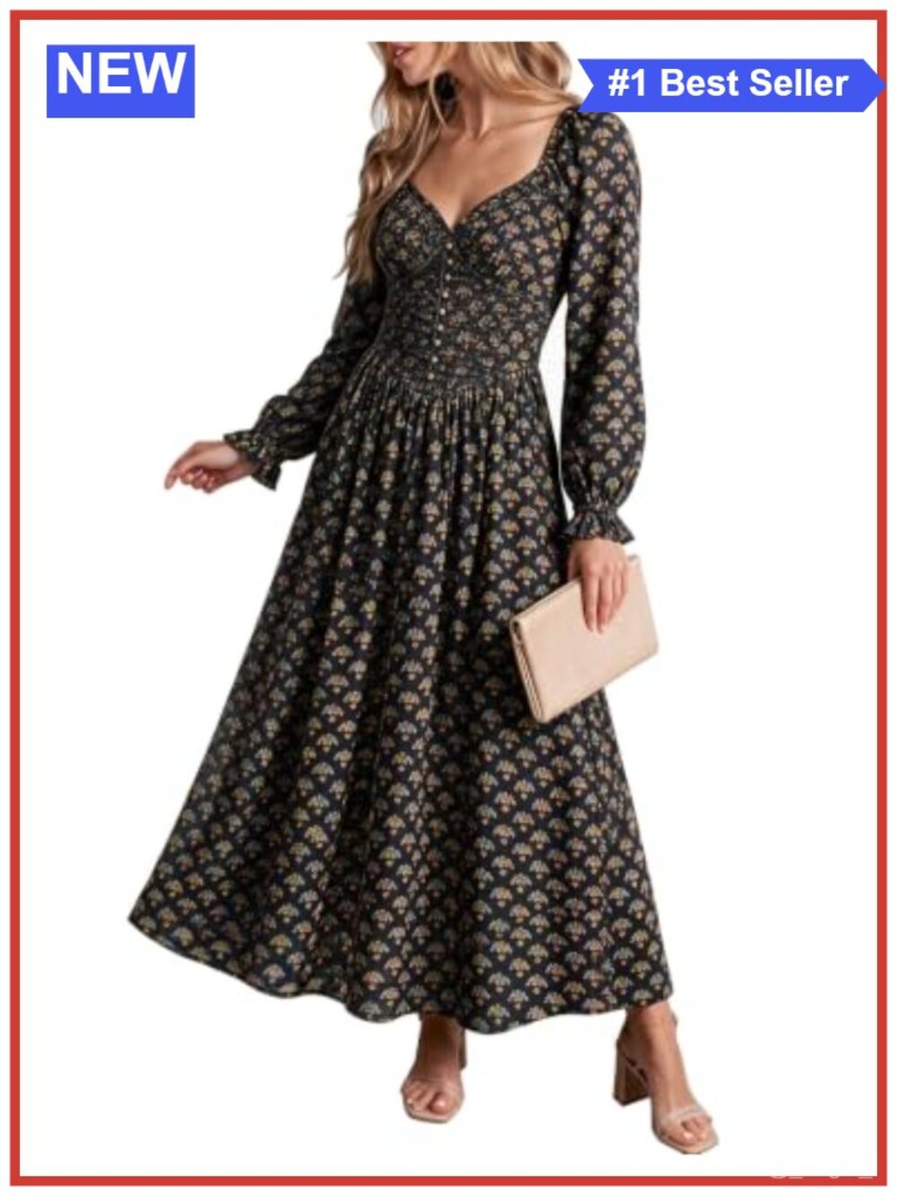Boho Sweetheart V-Neck Long Sleeve Maxi Dress with Smocked Bodice
